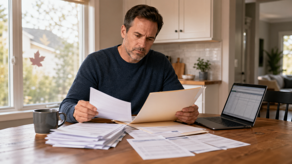 Ontario landlord reviewing rental paperwork and unpaid rent statements at a kitchen table