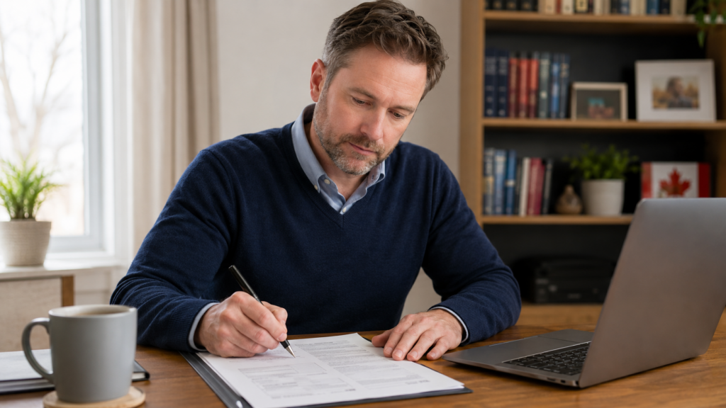 Ontario landlord reviewing and completing an N4 notice form at a desk