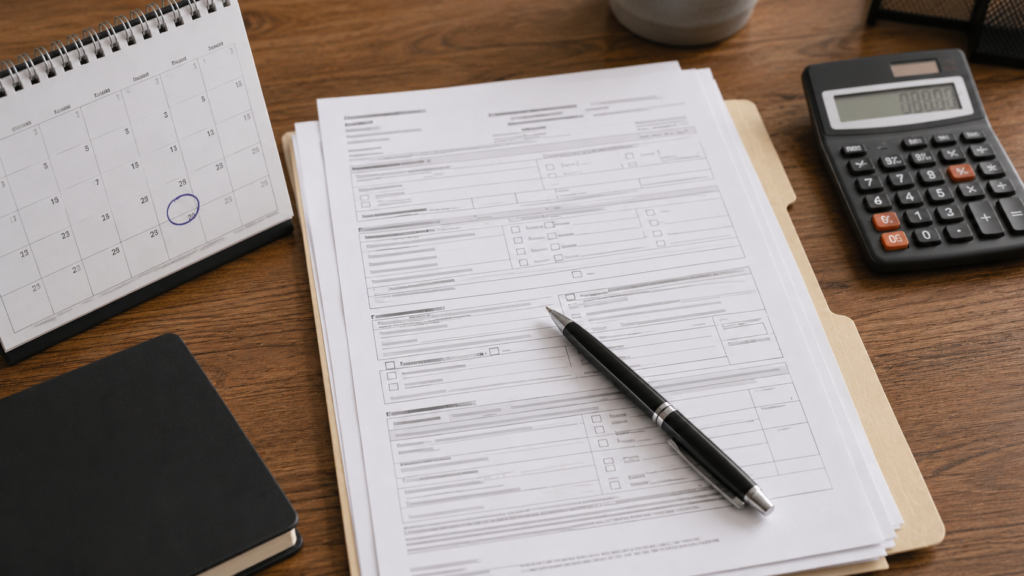 Overhead view of an N4 notice form being completed with pen, calculator, and calendar