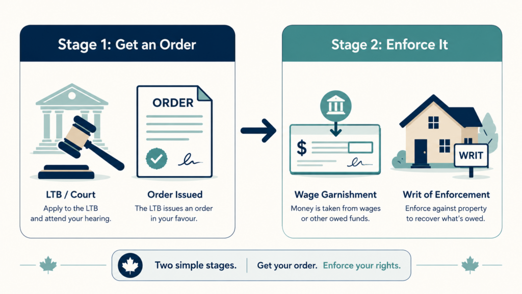 Two stages of collecting unpaid rent in Ontario: get an order, then enforce it