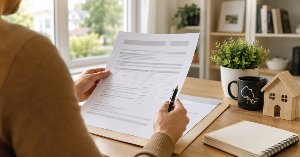 Landlord reviewing the N12 form ontario notice at a desk before serving a tenant