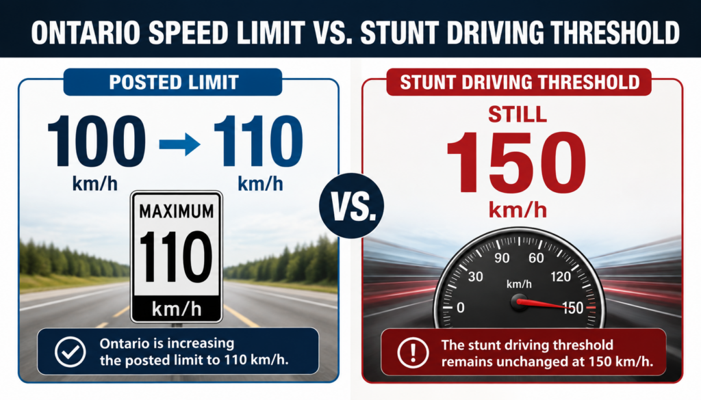 Comparison graphic showing Ontario's 110 km/h speed limit versus the unchanged 150 km/h stunt driving threshold